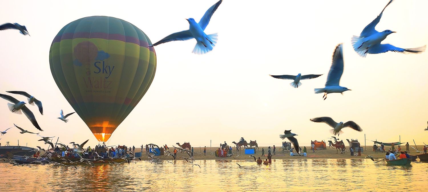 A hot air balloon, birds and camels over the river at sunrise